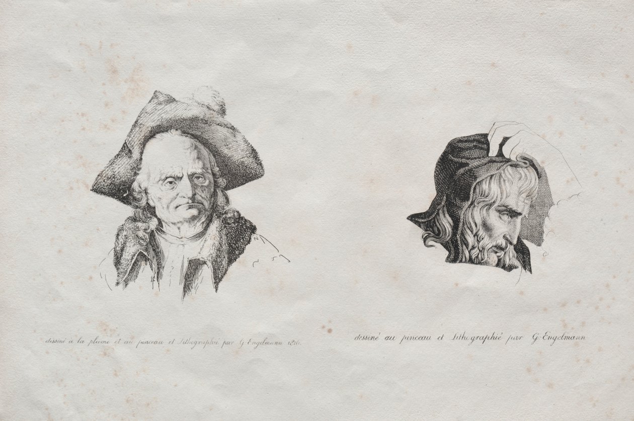 Samling av litografiske essays: To hoder, 1816. av Gottfried or Godefroy Engelmann