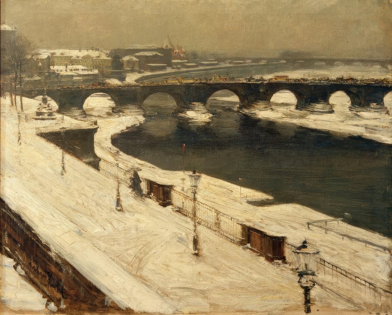 Elbe og Augustus Bridge om vinteren av Gotthardt Johann Kuehl