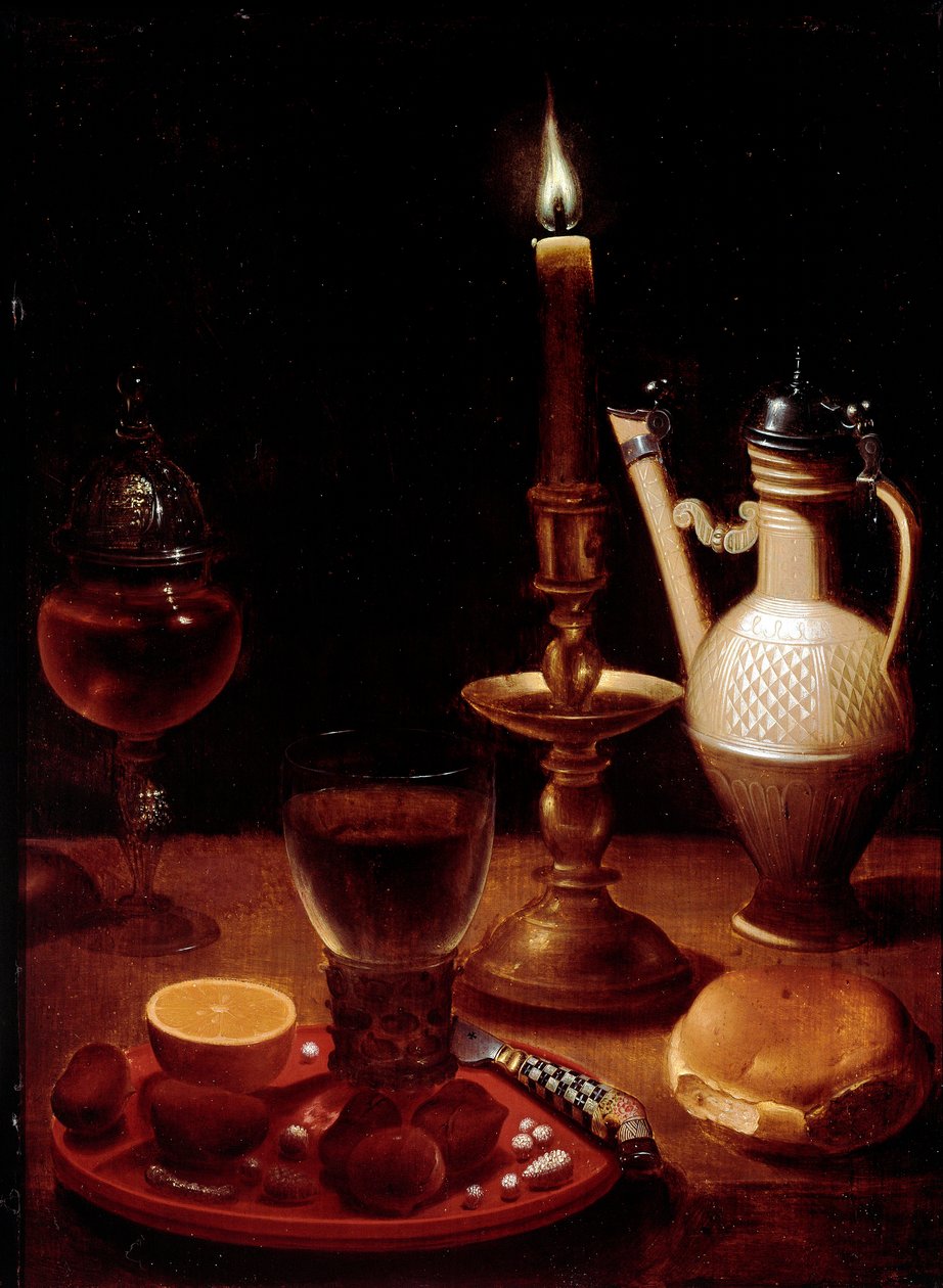 Stilleben med stearinlys, et glass vin og appelsinmaleri av Gotthardt av Wedig (Gottfried Von Wedig) (1583-1641) Paris, Musee du Louvre av Gotthardt von Wedig