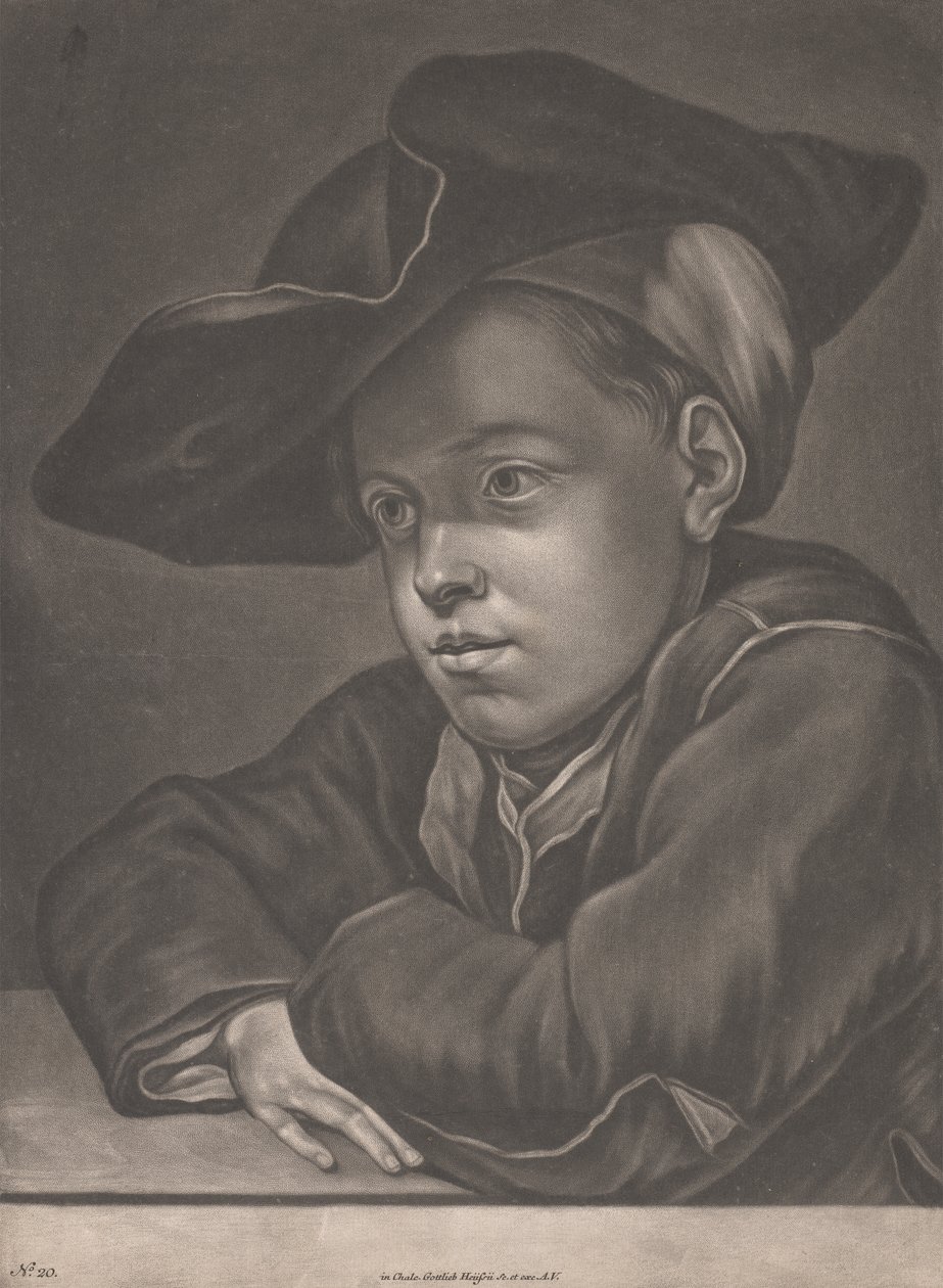 Gutt sitter ved et bord av Gottlieb Heiss