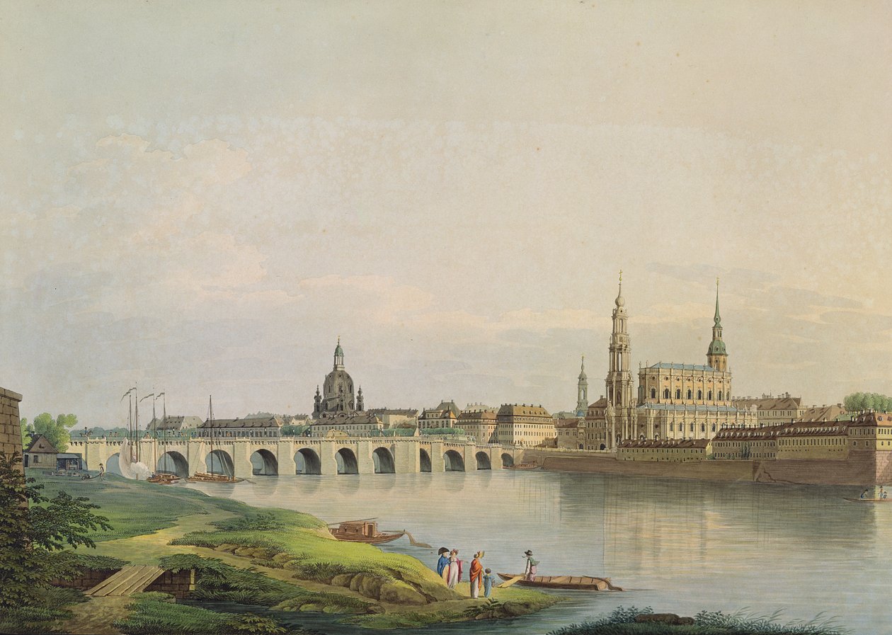 Utsikt over Dresden fra den vestlige delen av den nye byen (med Frauenkirche, protestantiske kirke, Augustus-broen og katedralen) gravert av Christian Gottlob Hammer (1779-1864) (fargegravering) av Gottlob Thormeyer or Thormeier