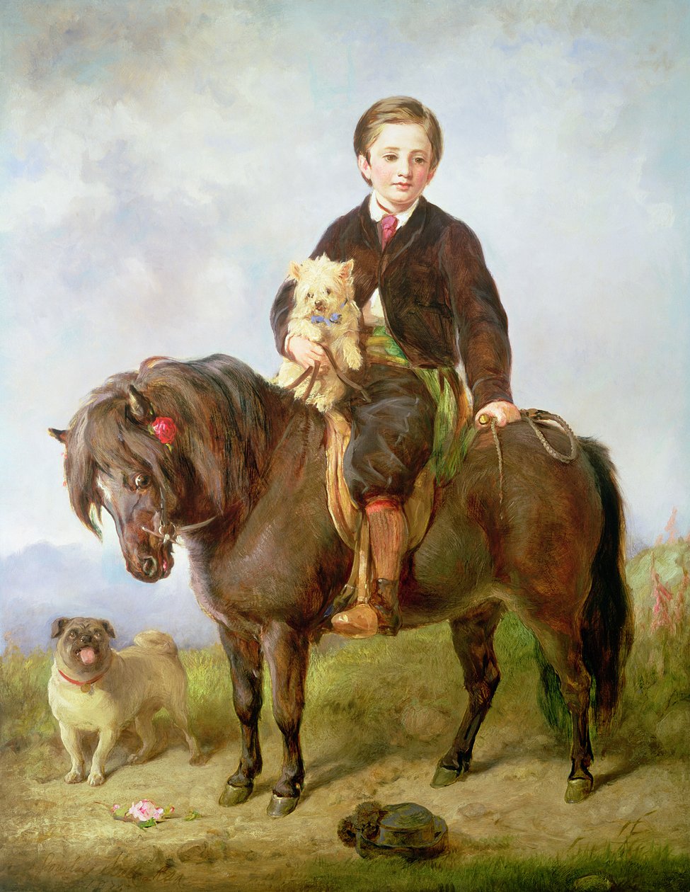 John Samuel Bradford som en gutt satt på en shetlandsponni med en mopshund, 1800-tallet av Gourlay Steel