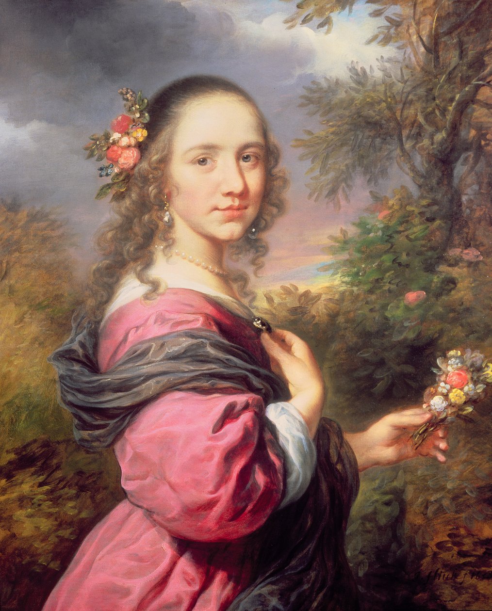 Et portrett av en dame, iført en lilla kjole av Govaert Flinck