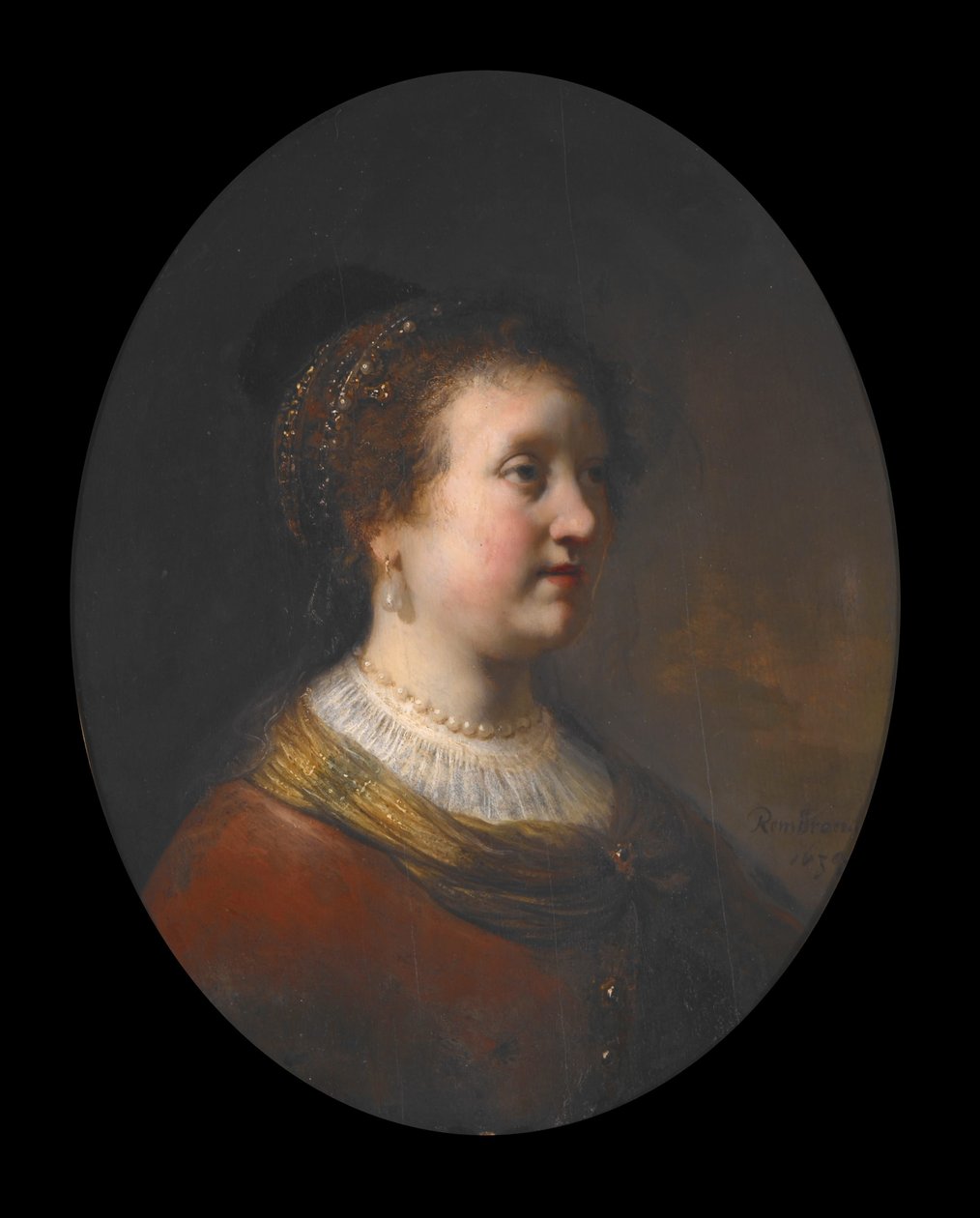Kvinne i rød kjole og perler av Govaert Flinck