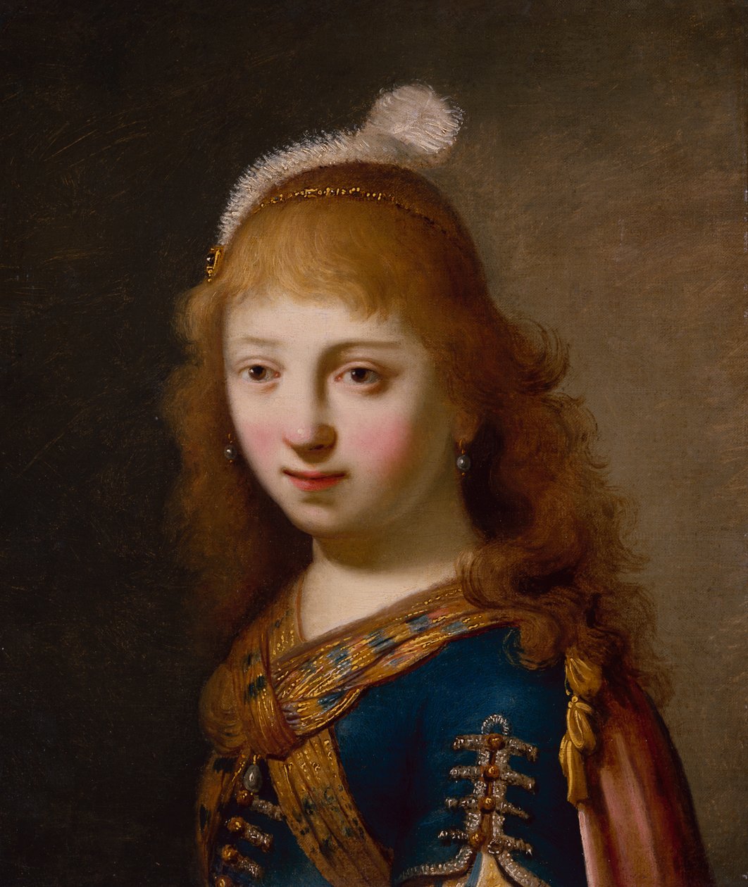 Ung jente med blå kjole og rød kappe (olje på lerret) av Govaert Flinck