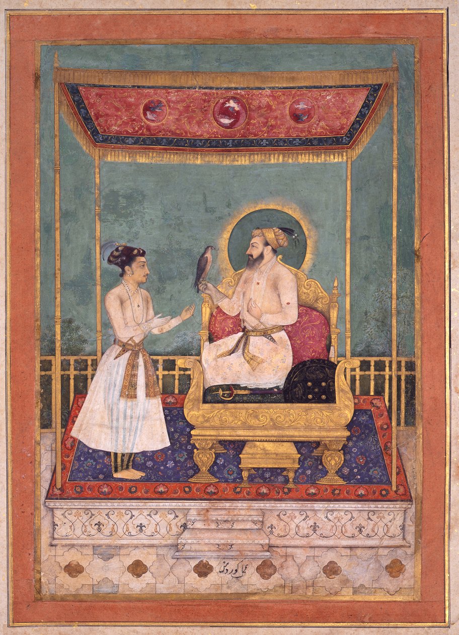Shah Jahan tronet med sin sønn Dara Shikoh, ca. 1630-1640 (ugjennomsiktig wc og gull på papir) av Govardhan
