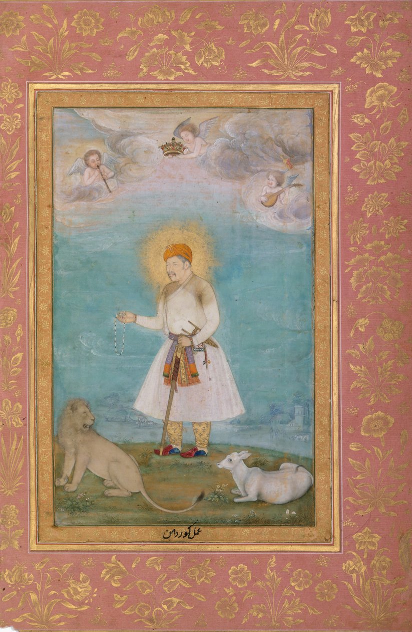 Akbar With Lion and Calf, Folio fra Shah Jahan Album, verso: ca. 1630, rekto: ca. 1530-50 av Govardhan