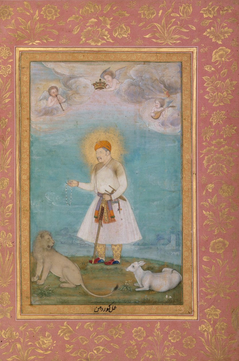 Akbar med løve og kalv, ca.1630 av Govardhan