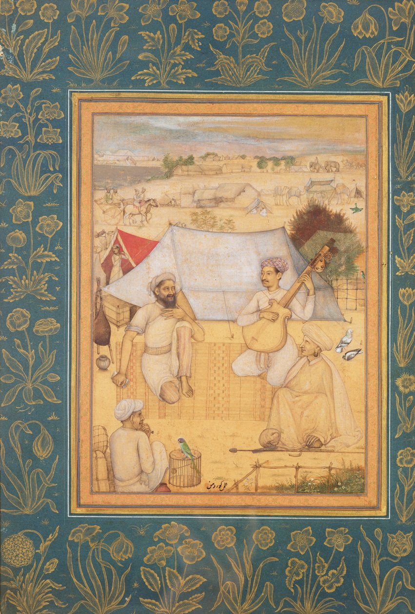 Musikere og sangere kneler i utkanten av en Mughal Camp. En yogi og en tjener Hør på dem, fra Minto-albumet, ca. 1630 av Govardhan