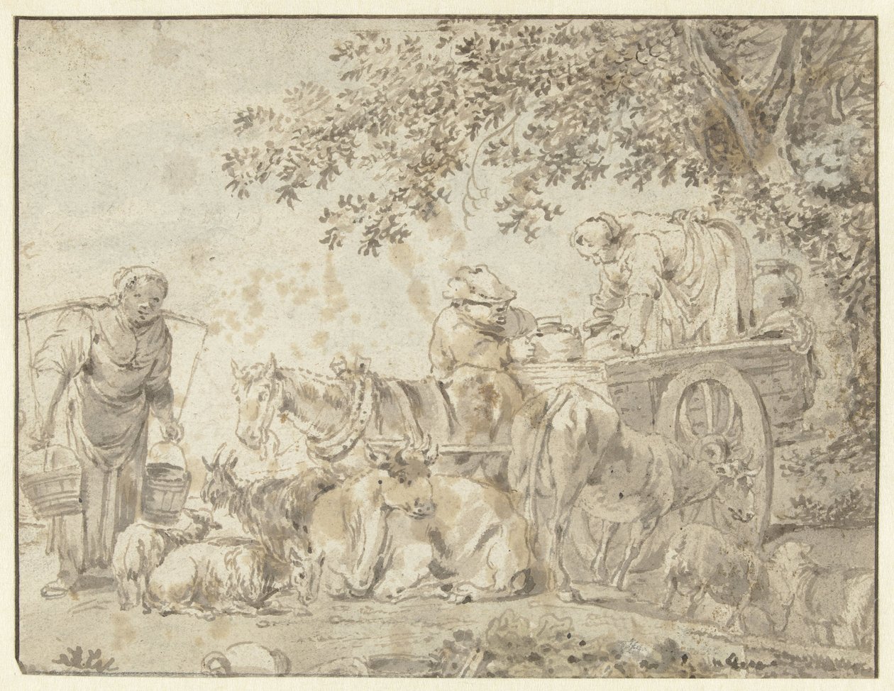Bønder og storfe ved en gårdsvogn av Govert Dircksz. Camphuysen (possibly)