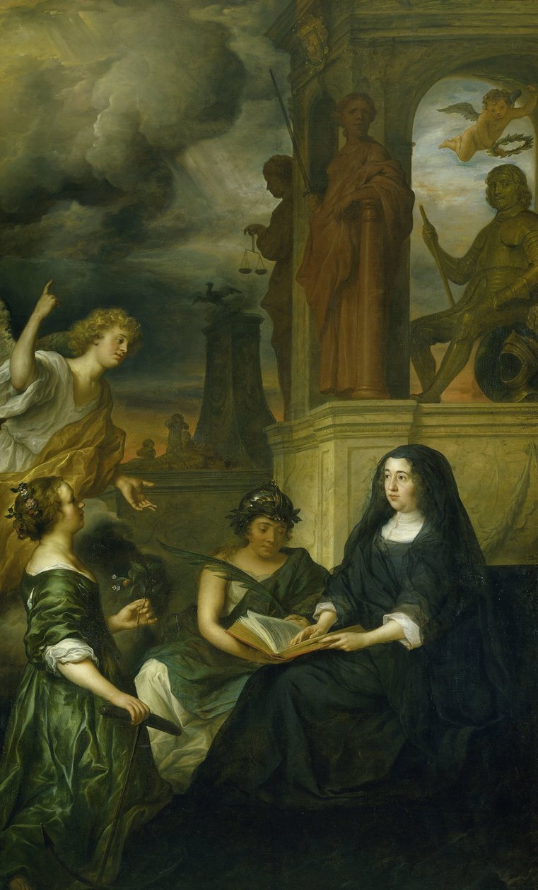Allegori om minnet om Frederik Hendrik (1584-1647), prins av Orange, med portrett av hans enke Amalia van Solms av Govert Flinck