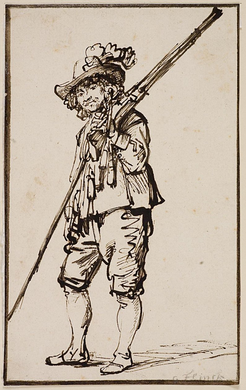En stående soldat med en muskett over skulderen av Govert Flinck