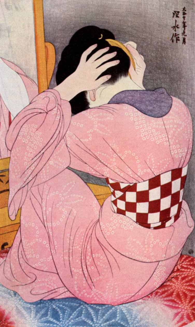 En japansk kvinne som kler håret, 1920-tallet 1930. av Goyo Hashiguchi