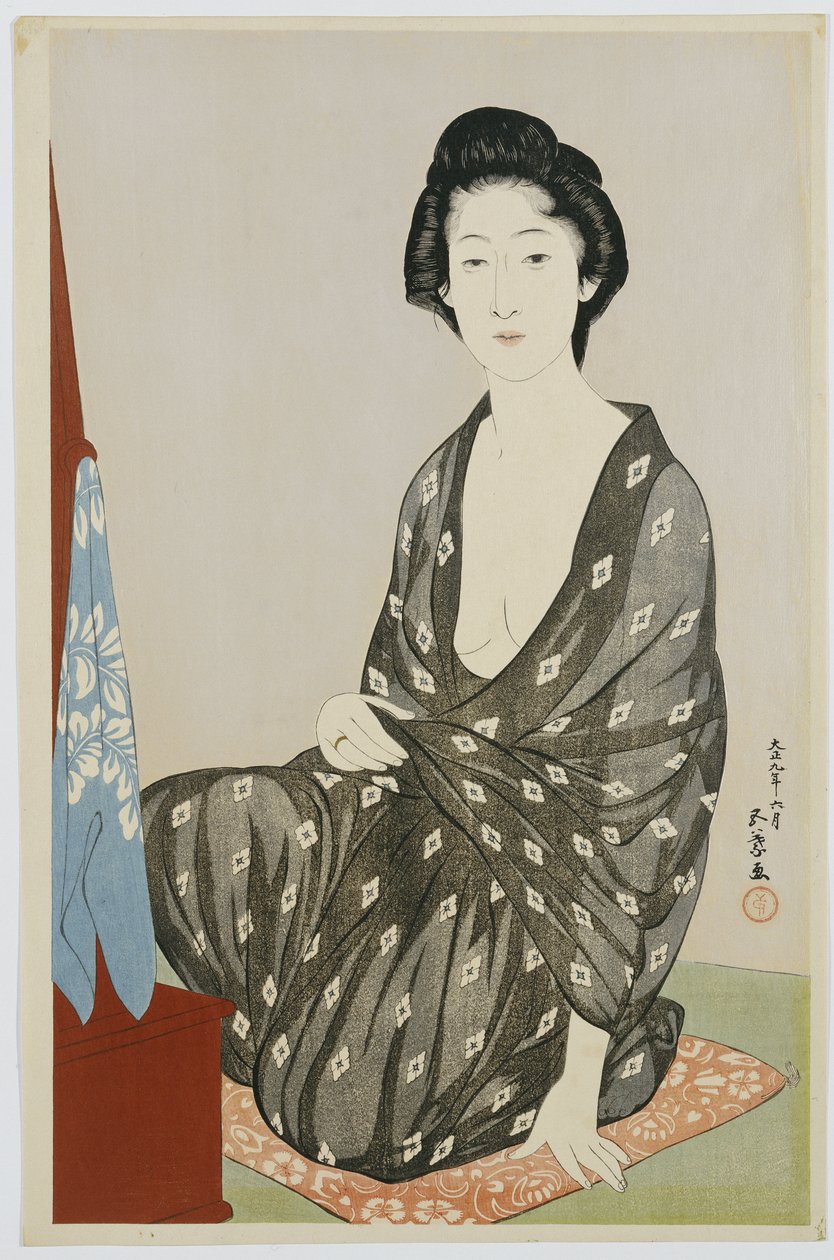 En skjønnhet i en svart kimono med hvite hanabishi-mønstre, sittende foran et speil, 1920 av Goyo Hashiguchi