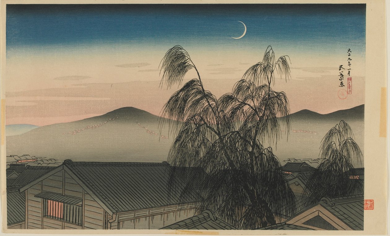 Kveldsmåne i Kobe (Kobe no yoizuki) Taisho-æra, januar 1920 (treblokktrykk i farger) av Goyo Hashiguchi