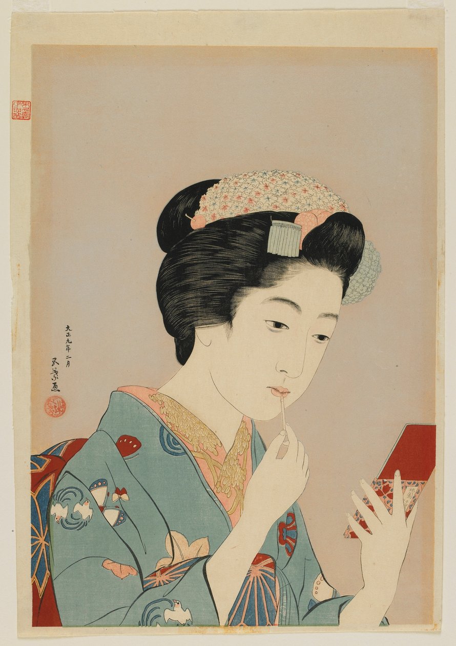 Woman Applying Lip Rouge, Taisho-tiden, februar 1920 (farget treblokktrykk) av Goyo Hashiguchi