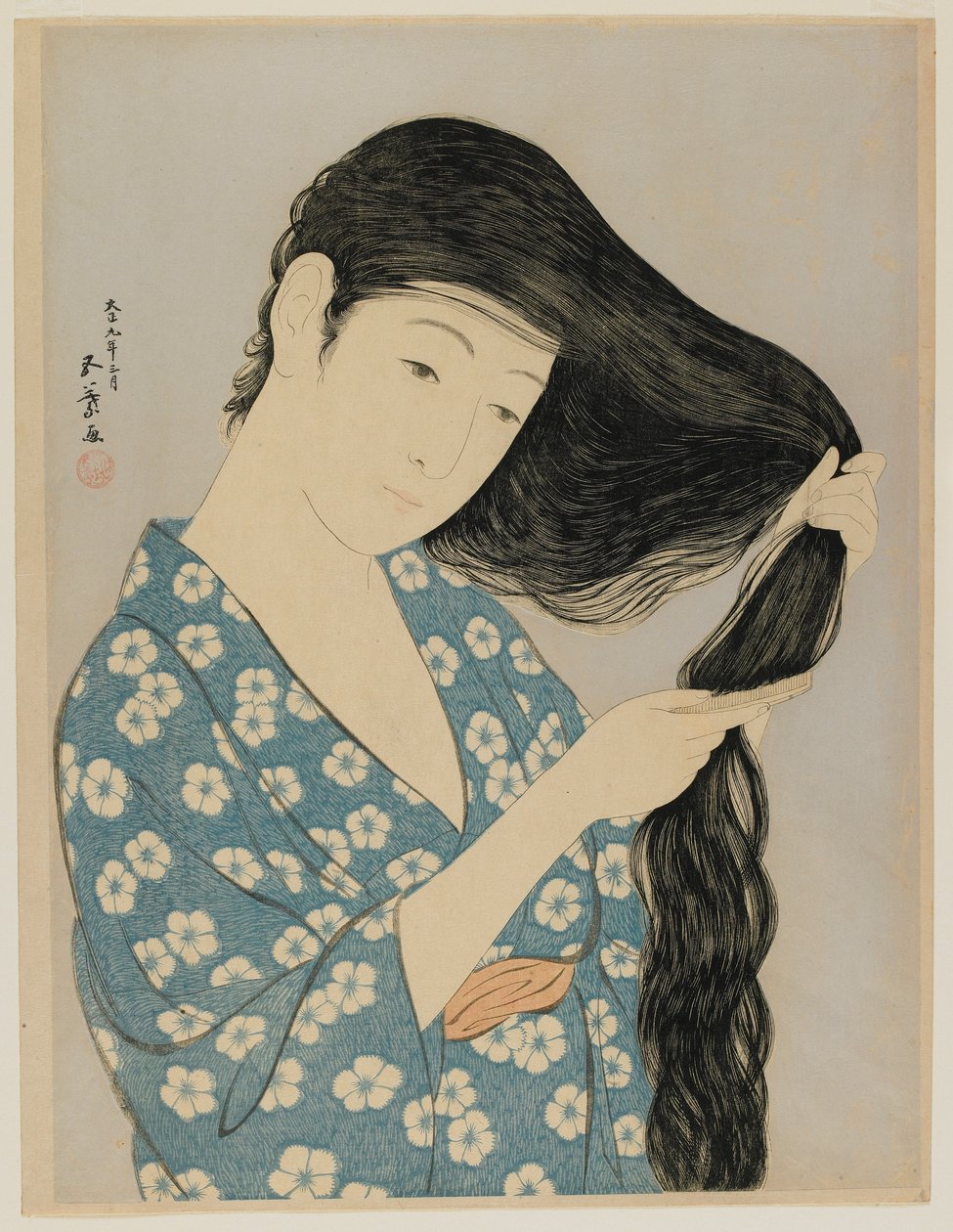 Woman Combing Her Hair, Taisho-æra, mars 1920 (farget treblokktrykk) av Goyo Hashiguchi