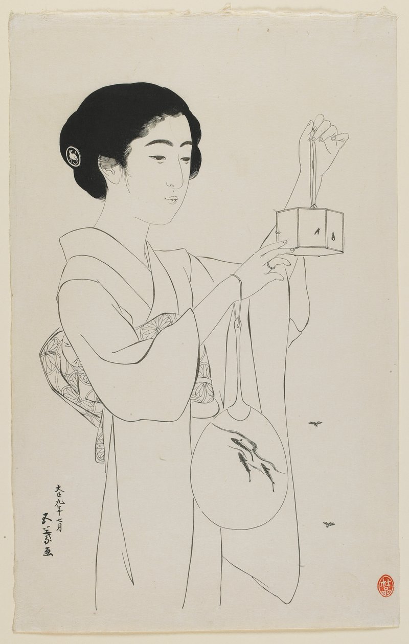 Kvinne holder et ildfluebur, Taisho-tiden, juli 1920 (treblokktrykk) av Goyo Hashiguchi