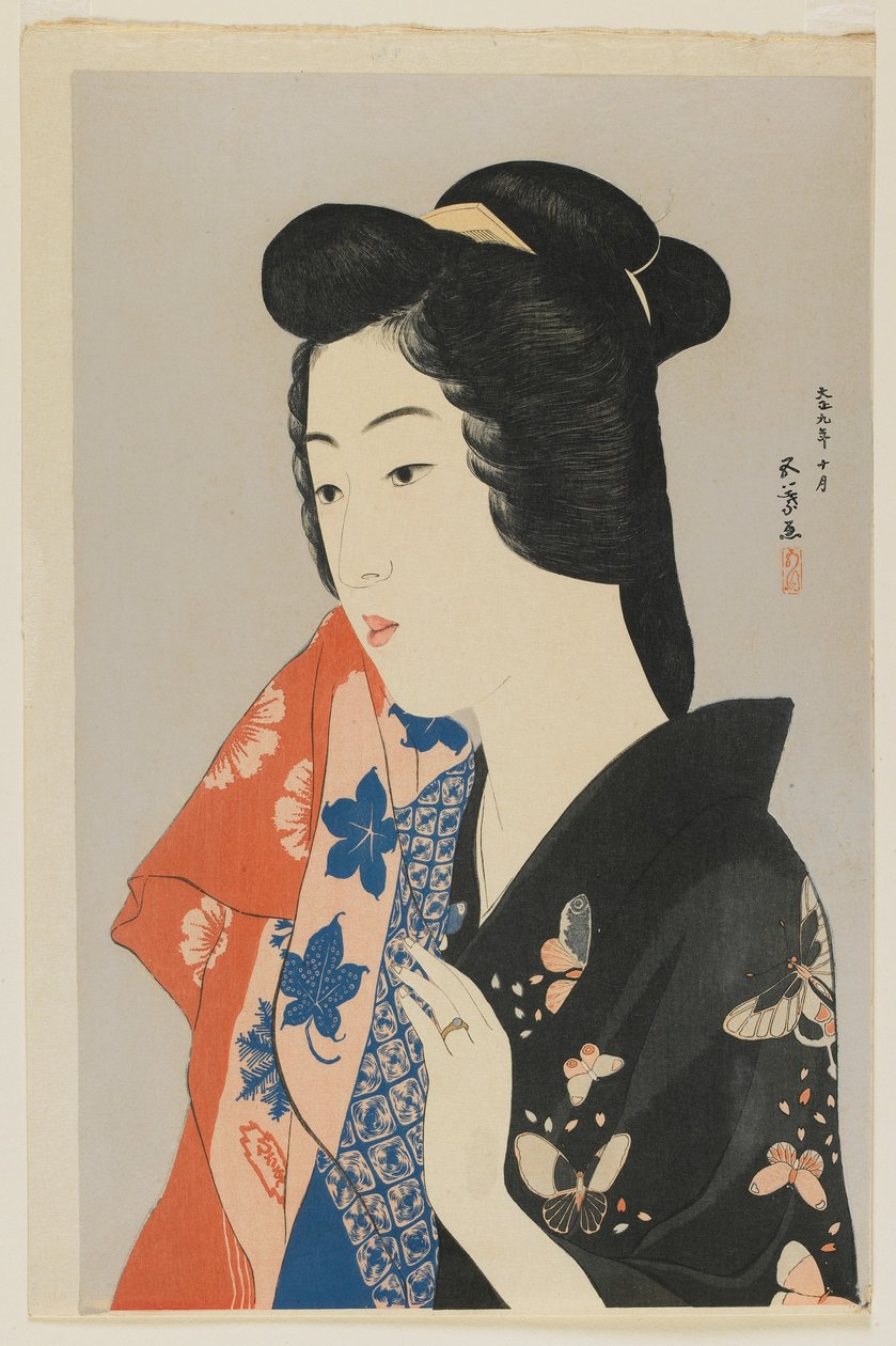 Woman Holding a Towel, Taisho-æra, oktober 1920 (farget treblokktrykk) av Goyo Hashiguchi