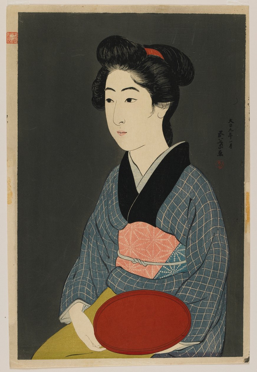 Woman Holding a Tray, Taisho-æra, januar 1920 (farget treblokktrykk) av Goyo Hashiguchi