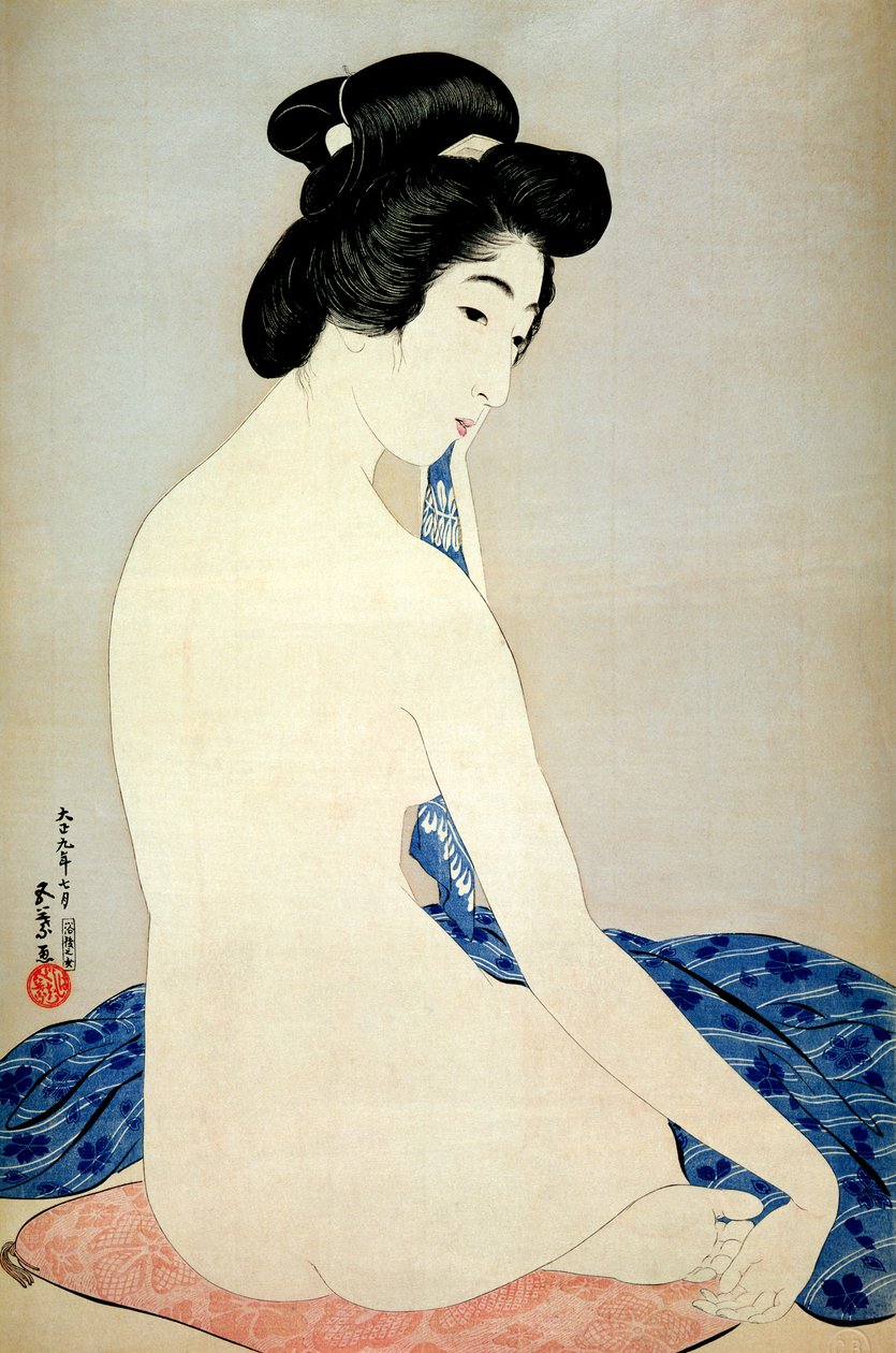 Woman after the bath, utgitt av Shosaburo Watanabe, 1920, (farget treblokktrykk) av Goyo Hashiguchi
