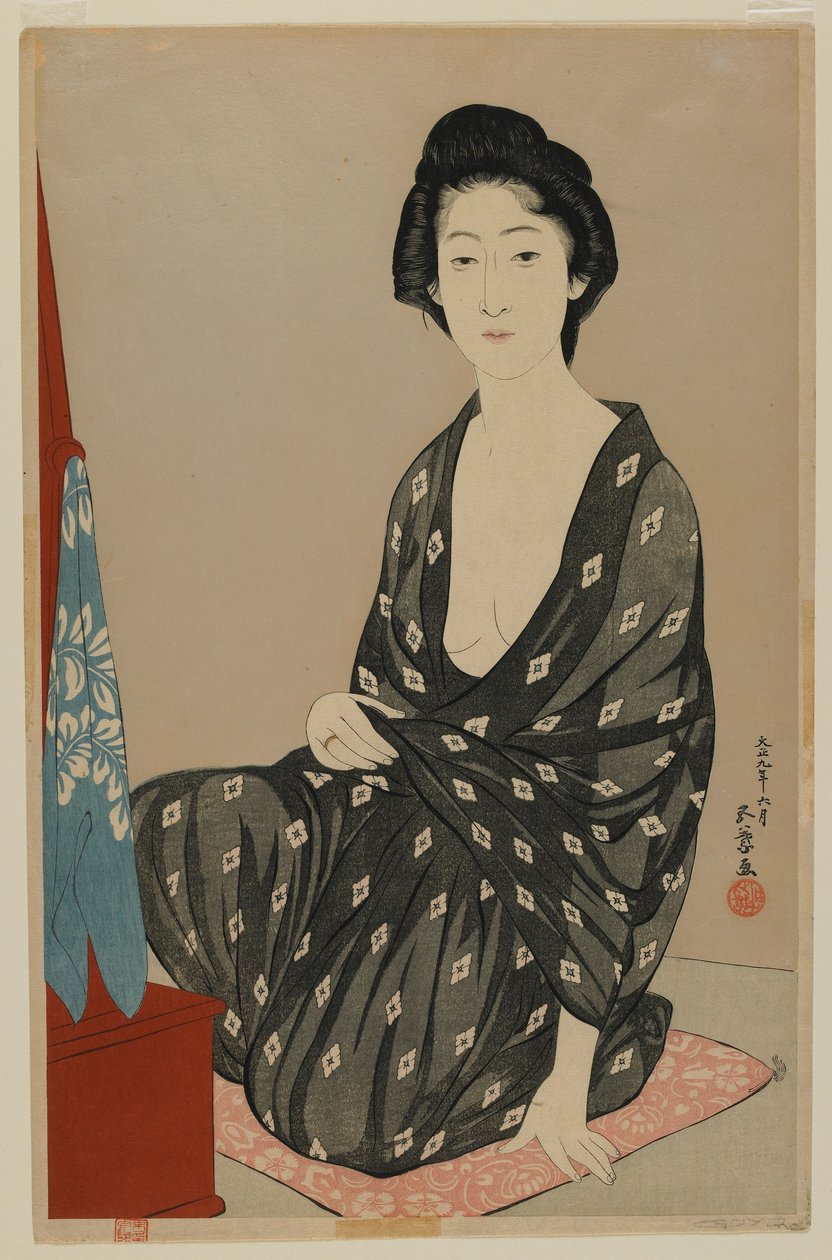 Kvinne i sommerkjole, Taisho-epoken, juni 1920 (farget treblokktrykk) av Goyo Hashiguchi