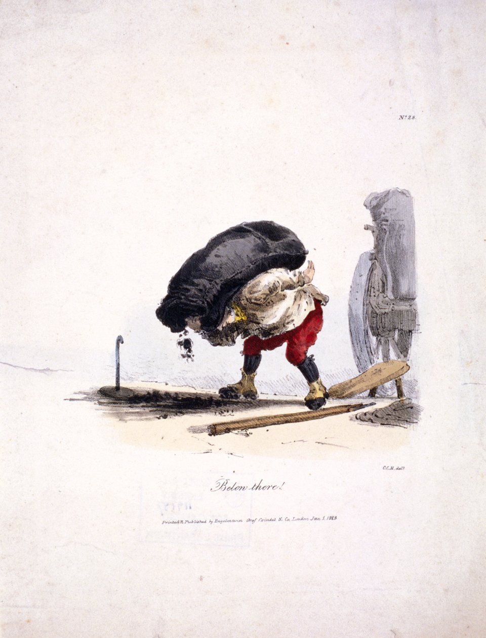 Utsikt over en kullmann som fjerner en tung sekk med kull fra vognen sin, 1828 av Graf Engelmann Coindet and Company