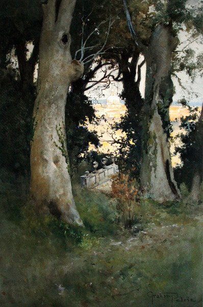 Corsini Gardens, Roma (akvarell og kroppsfarge på papir) av Graham Petrie