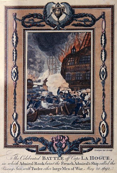 Det feirede slaget ved Cape La Hogue, 20. mai 1692 (farget etsning) av Grainger