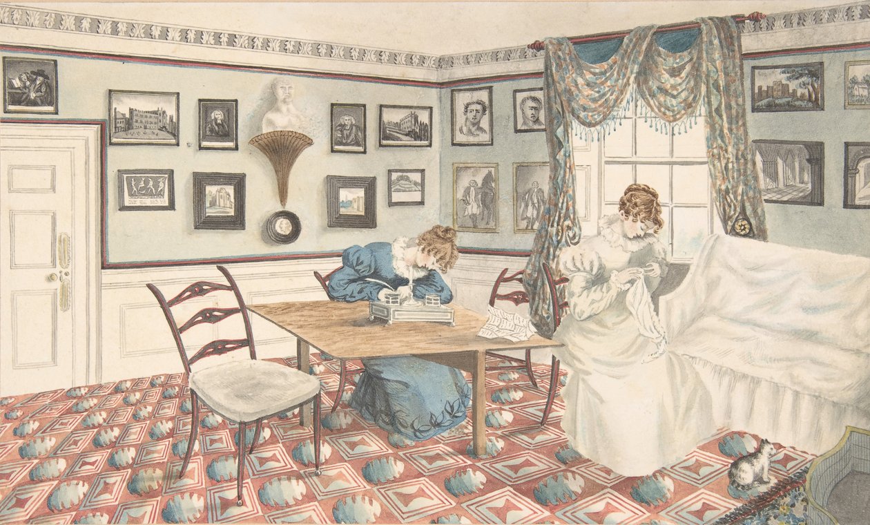 To unge kvinner som skriver og syr i et interiør i Hatton, Warwickshire, 1820-30. av Granddaughters of Dr. Samuel Parr.