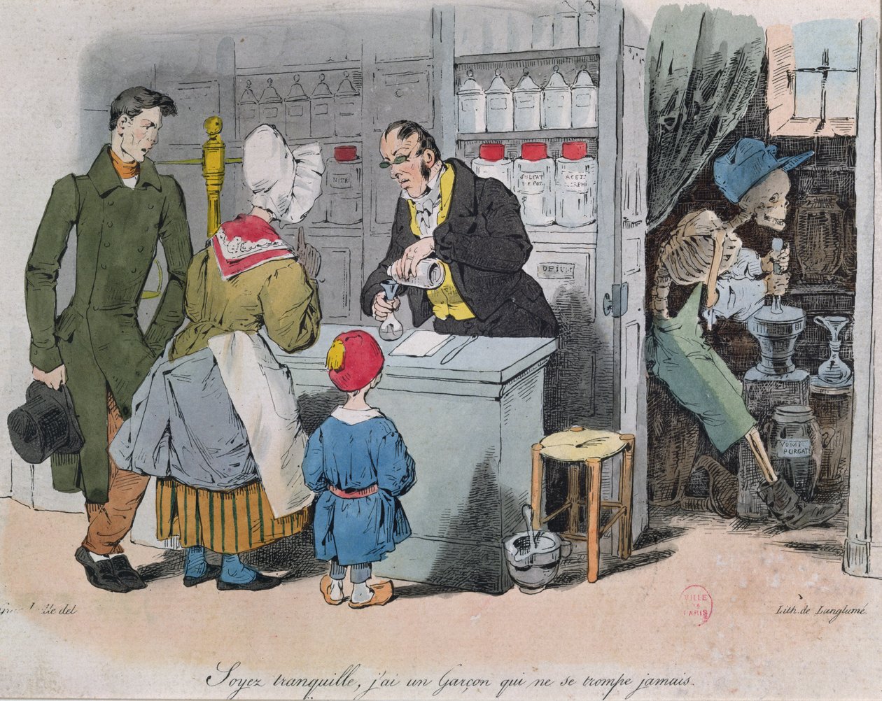 Apotekeren og hans assistent, gravert av Langlume, ca. 1840 av Grandville