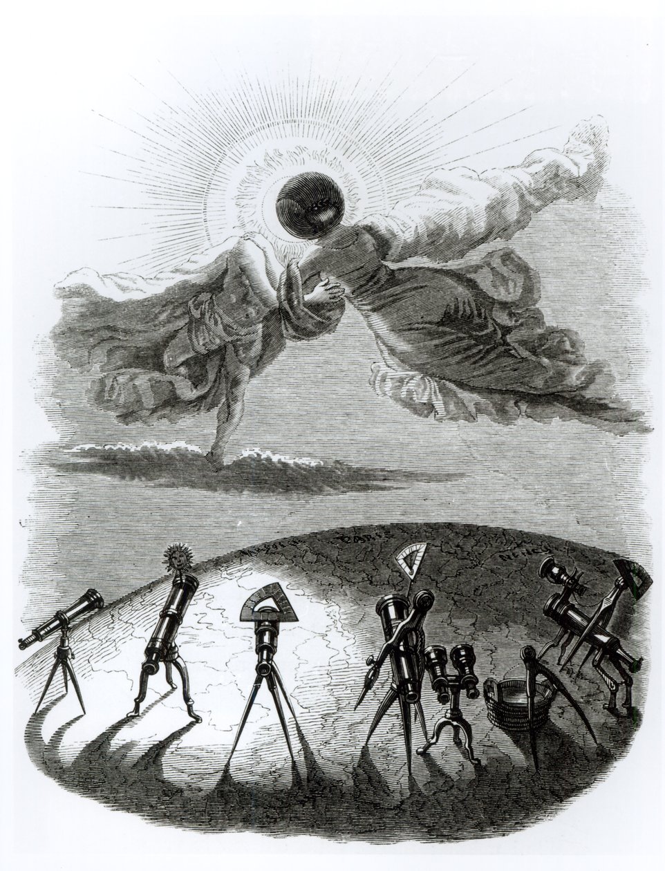 'The Sun Embraces the Moon: Eclipse of the Sun', illustrasjon fra 'Un Autre Monde', utgitt av H. Fournier i Paris i 1844 av Grandville