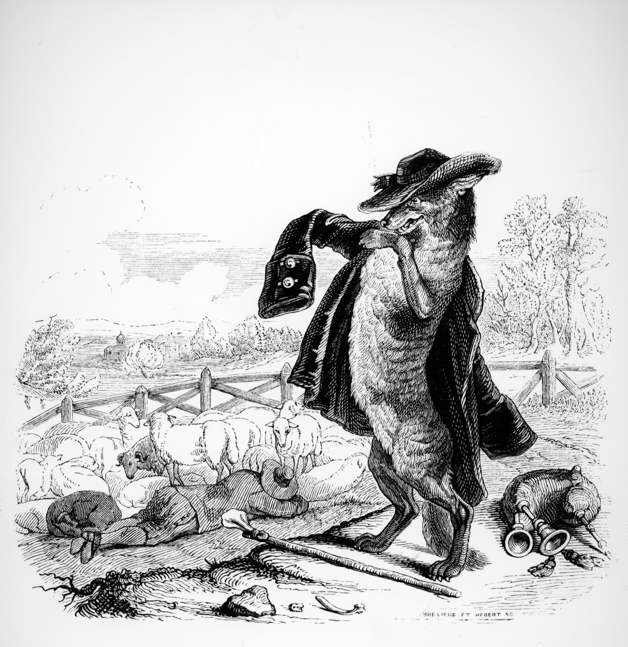 Ulven ble hyrde, illustrasjon for 'Fables' of La Fontaine (1621-95), utgitt av H. Fournier Aine, 1838 av Grandville