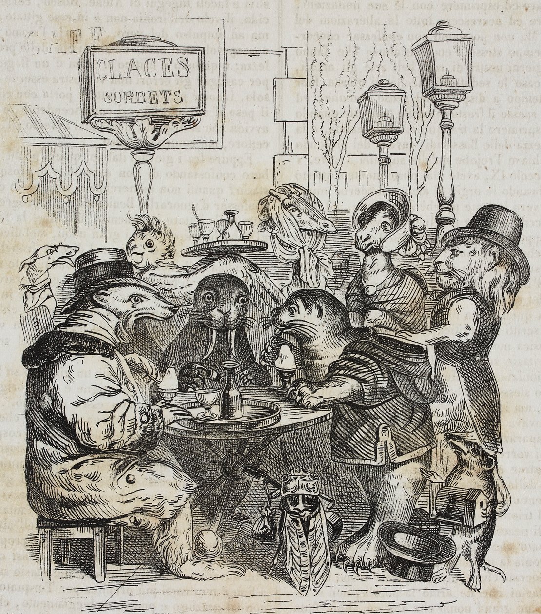Dyr som sitter i iskrembutikk, litografi av Giovanni Mariani etter karikatur av Jean-Jacques Grandville (1803-1847) fra Poliorama Pittoresco, n 24, 21. januar av Grandville