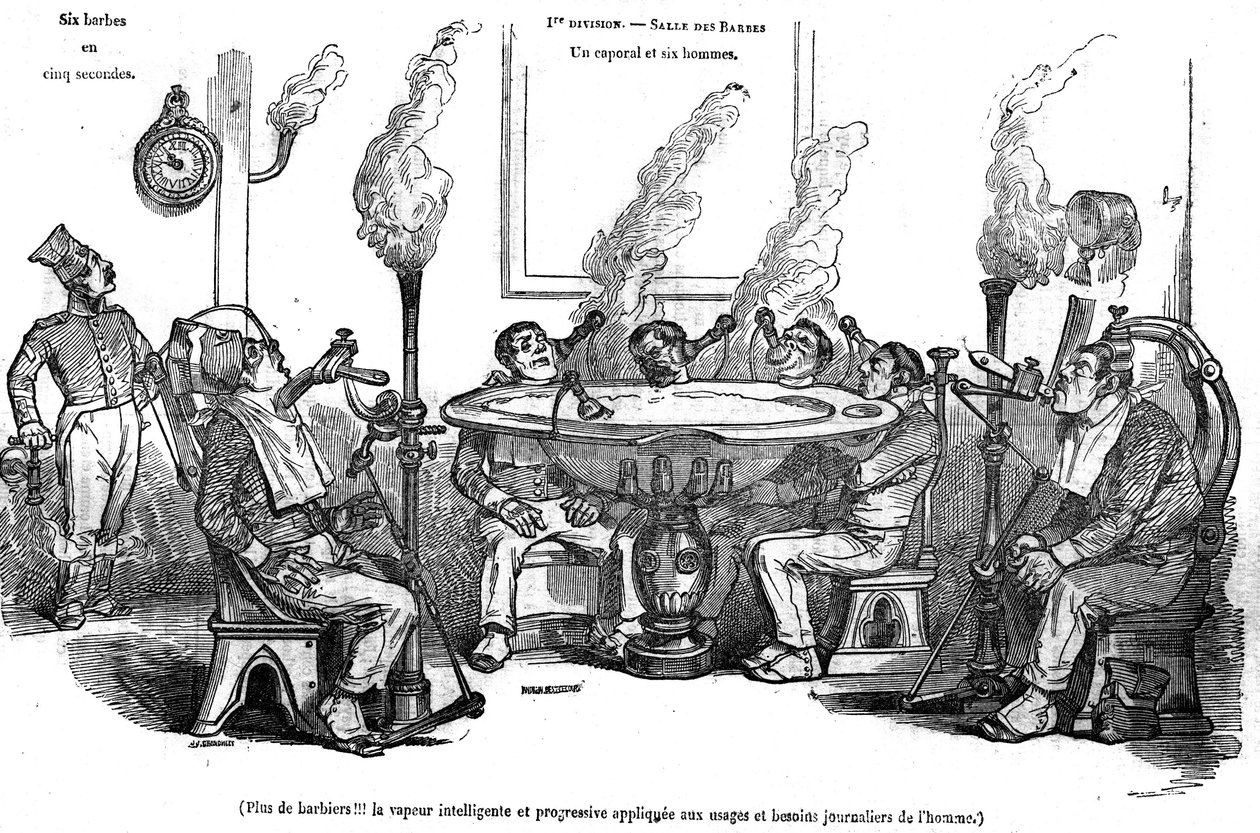 Cartoon of Grandville depicting a corporal and his men in the Salle des Barbes sitting with a steam machine shaving them without the help of a barber. In “” The picturesque store”” 1835 av Grandville