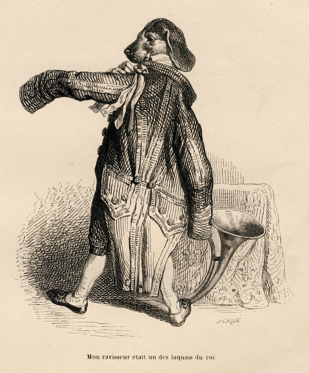 Hund i rollen som en lakei av kongen. Miniatyrbilder illustrert av JJ Granville. Gravering signert Caque i delen "Story of a Hare" skrevet av PJ Stahl i "Scener fra dyrenes private og offentlige liv". Paris, J. Hetzel og Paulin av Grandville