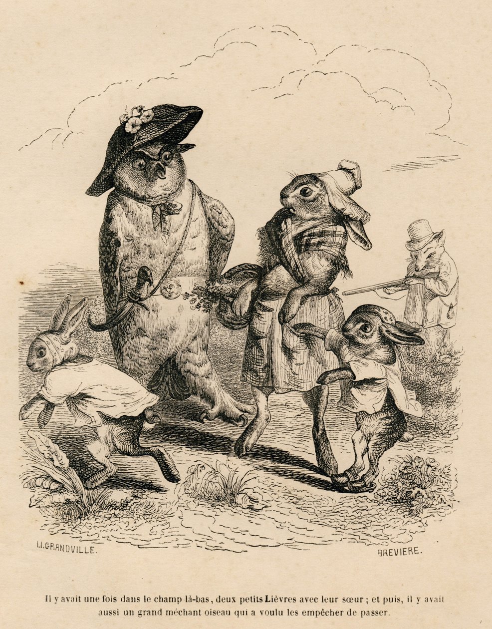 To små harer med storesøster stoppet ved en ugle på en åker. En jaktrev står bak dem. Miniatyrbilder illustrert av JJ Granville. Gravering signert Breviere i delen "Story of a Hare" skrevet av PJ Stahl i av Grandville