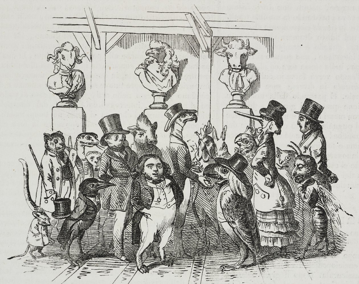 Utgang fra teater, karikatur av Jean-Jacques Grandville (1803-1847), litografi av Giovanni Mariani fra Poliorama Pittoresco, n 39, 7. mai av Grandville
