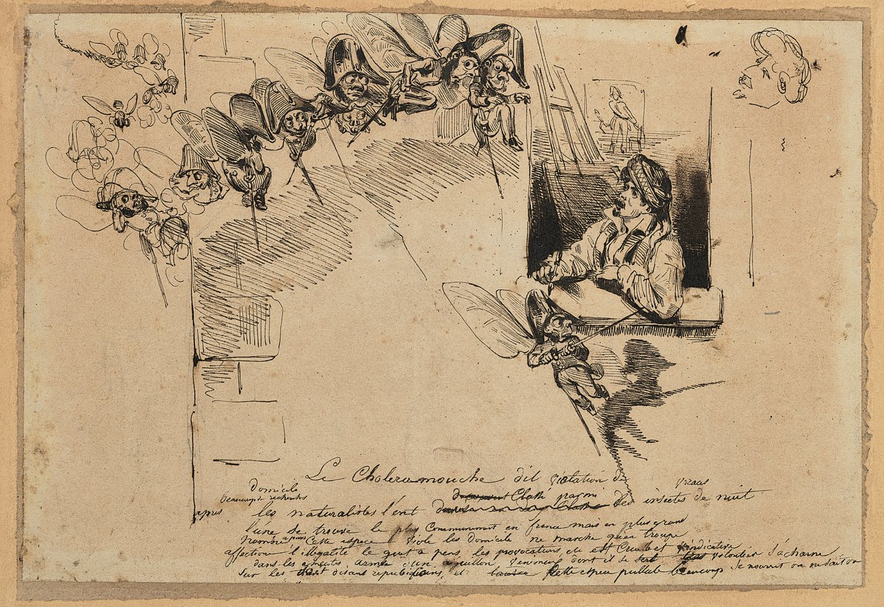 Koleramouche (grafitt, penn og brunt blekk på papir) av Grandville (1803-47)