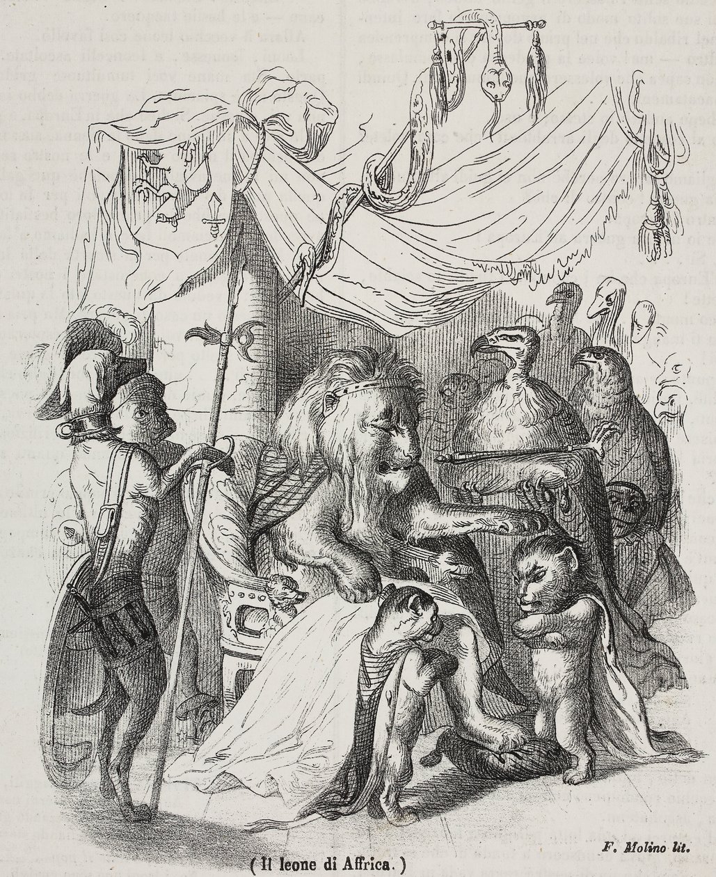 Lion of Africa, karakter av historien om afrikansk løve og tre innfødte unge løver, litografi av Filippo Molino (1804-1856) etter tegning av Jean-Jacques Grandville (1803-1847), av Grandville