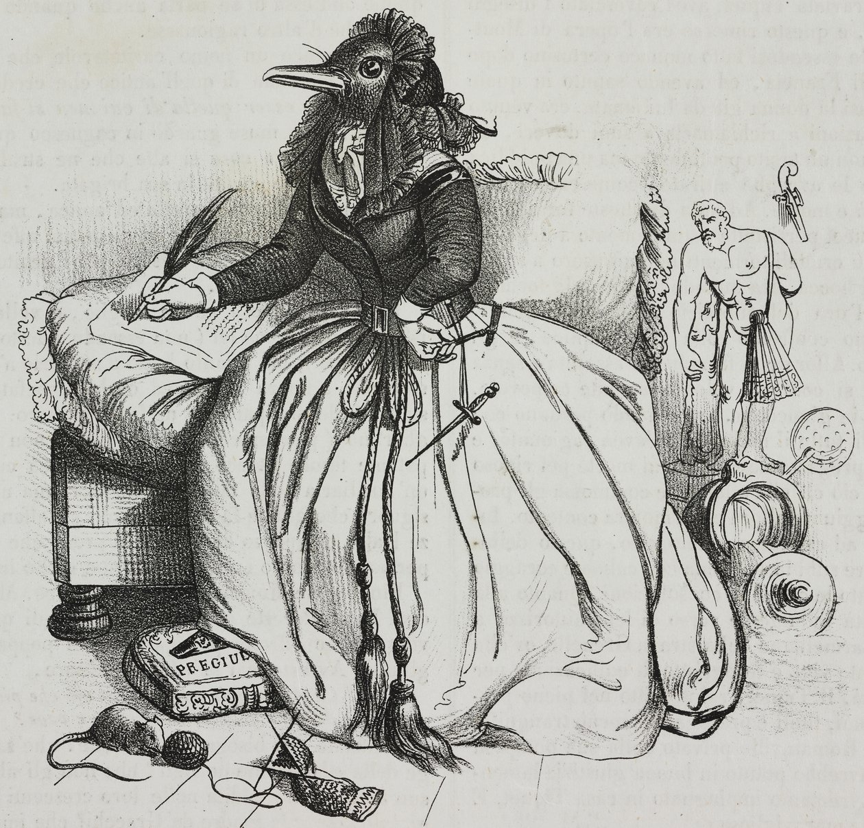 Litterær kvinne, karikatur av Jean-Jacques Grandville (1803-1847), litografi av Giovanni Mariani fra Poliorama Pittoresco, n 18, 11 desember av Grandville