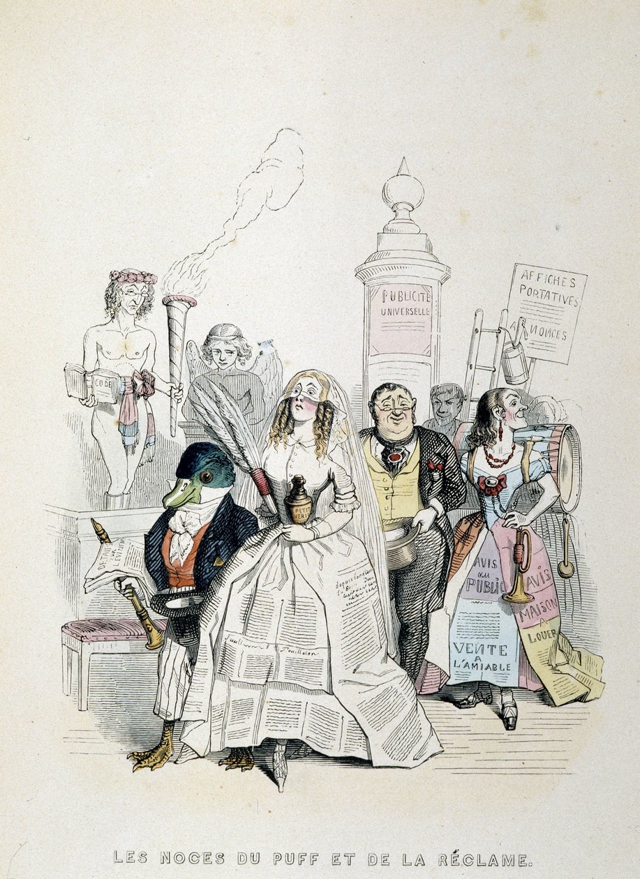The Wedding of the Puff and the Advertising (tegneserie om overfloden av pressereklame) - av Grandville av Grandville
