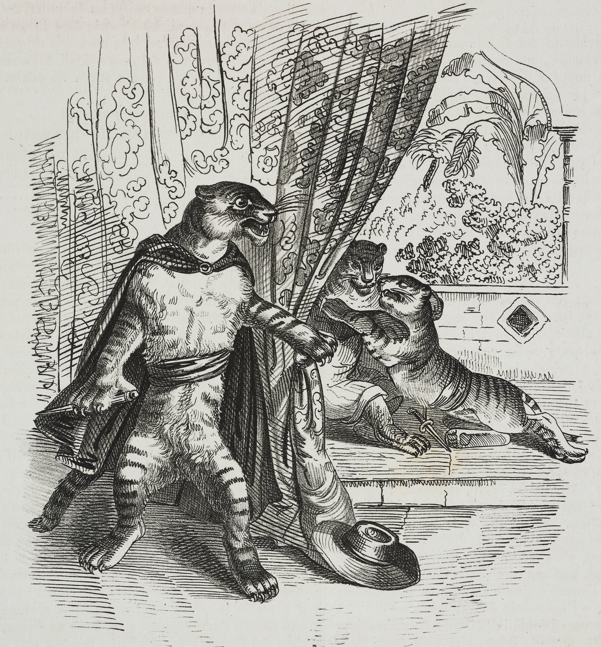 Tiger rykker frem med dolk, karikatur av Jean-Jacques Grandville (1803-1847), litografi av Gaetano Riccio fra Poliorama Pittoresco, n 39, 7. mai av Grandville