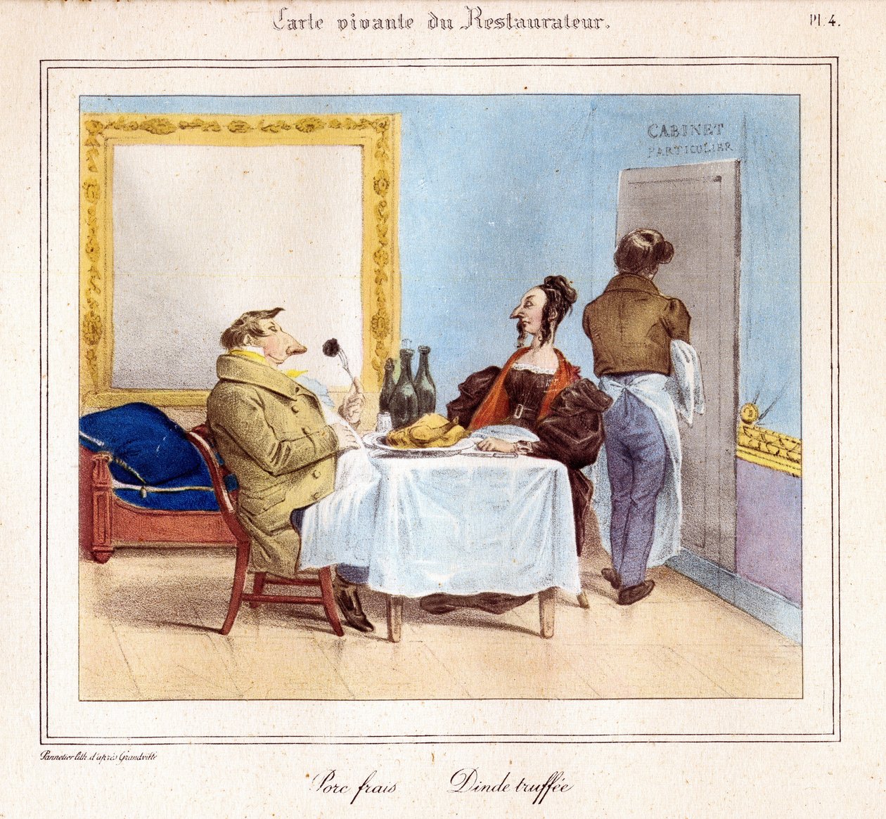 Restauratørens oppholdskort: Fersk svinekjøtt og kalkuntrøffe. 1831–32 (litografi) av Grandville