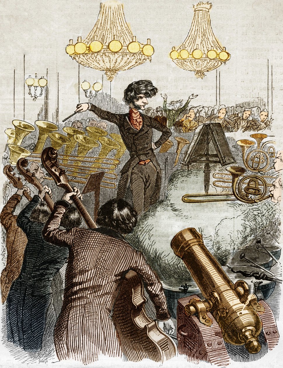 En konsert har et maskingevær. Tegneserie av Hector Berlioz som dirigerer et orkester. I "" Jerome Paturot på jakt etter en sosial posisjon"" illustrert av Grandville. av Grandville