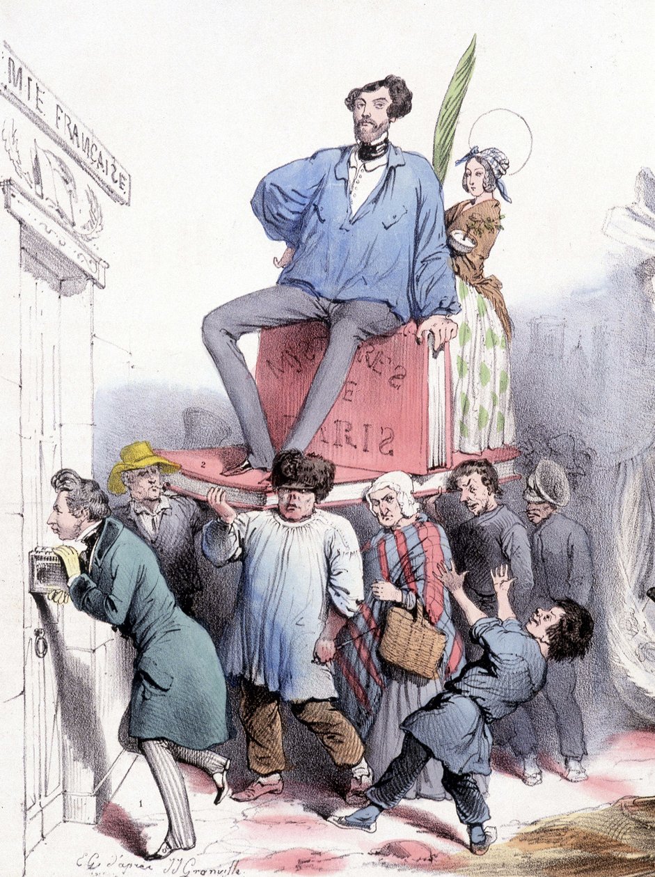 Alfred de Vigny banker på døren til akademiet med sine komplette verk, og Eugène Sue, sittende på "" Les mystères de Paris"", kledd i prins Rodolphes blå lerretspalett - av Grandville, i "" Le Charivari""" av 21.02.1844 av Grandville