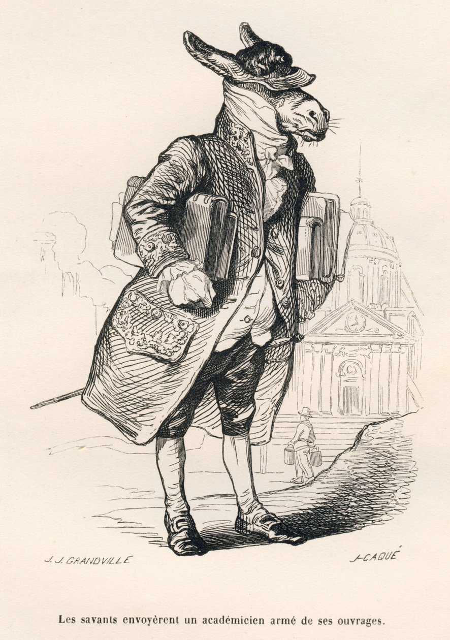 En akademiker med ansvar for bøker. Miniatyrbilder illustrert av JJ Granville. Gravering signert Caque i delen med tittelen "Guide-esel for bruk av dyr som ønsker å oppnå heder" skrevet av Honore De Balzac i "Scener av privat og offentlig liv av Grandville