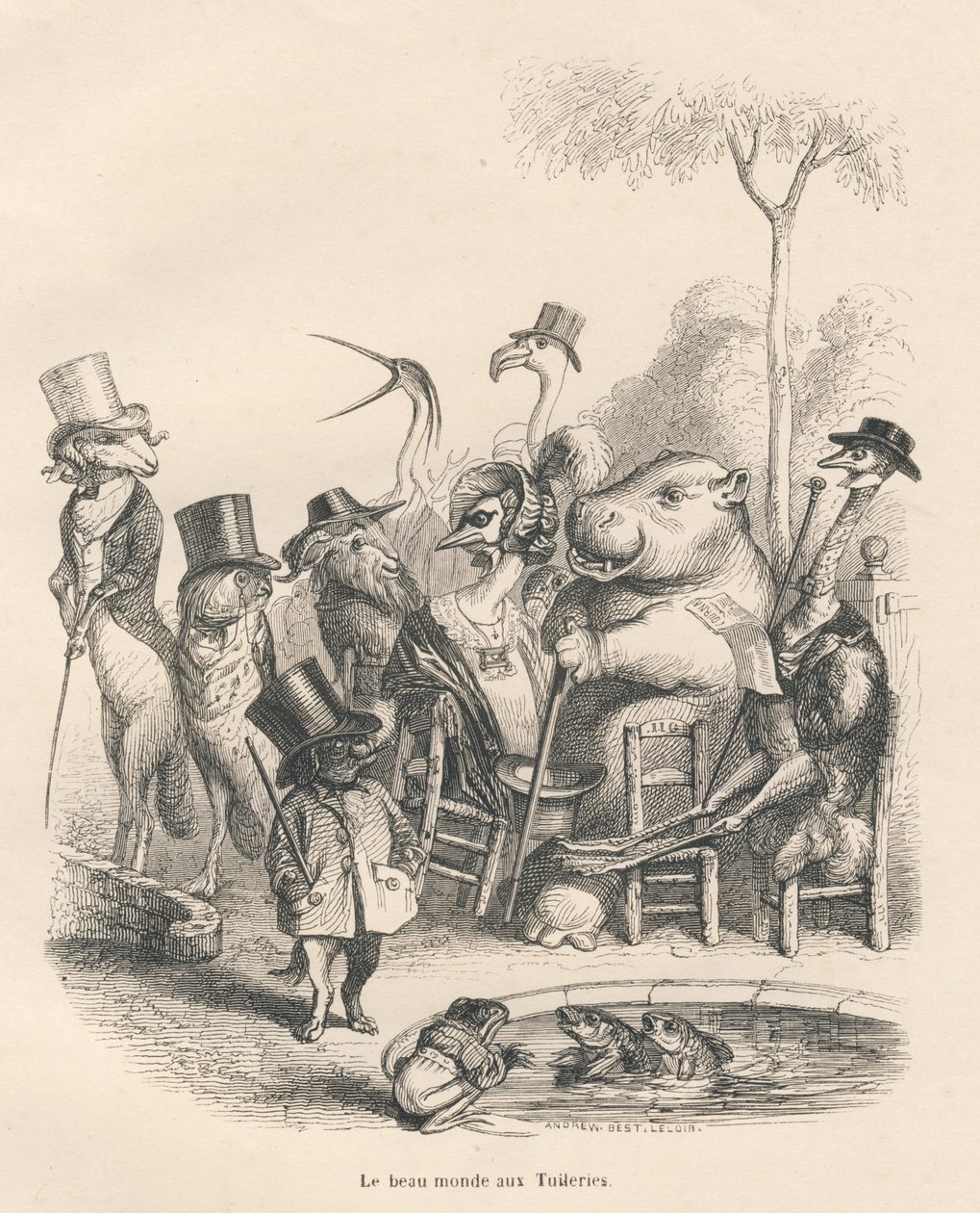 Dyr i elegante antrekk går rundt i Tuileriene. Miniatyrbilder illustrert av JJ Granville. Gravering signert Andrew, Best og Leloir i delen "History of a Hare" skrevet av PJ Stahl i "Scener fra dyrenes private og offentlige liv". Vedde av Grandville