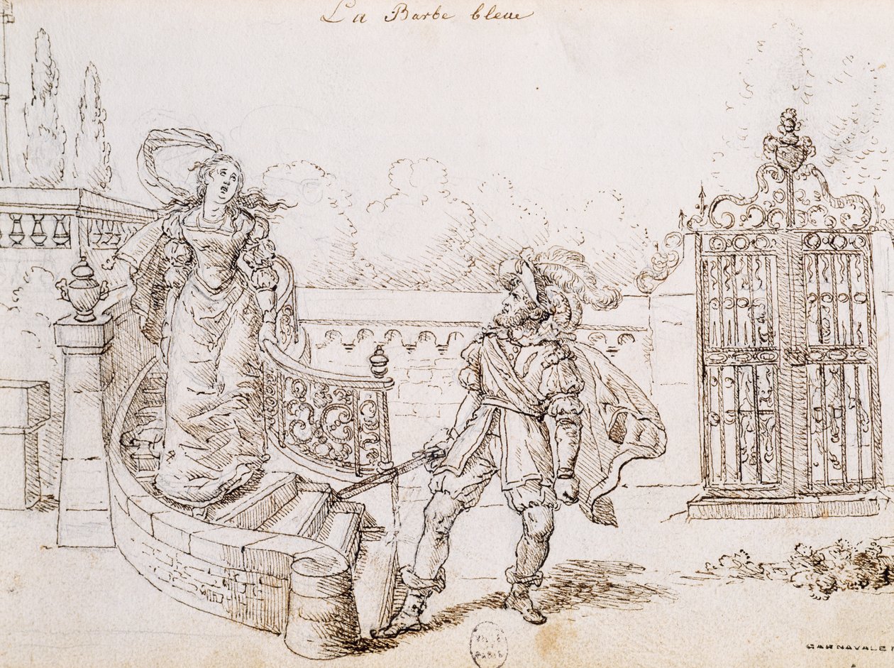 Bluebeard, illustrasjon for eventyr av Charles Perrault (1628-1703), gravering av Grandville (1803-1847) av Grandville