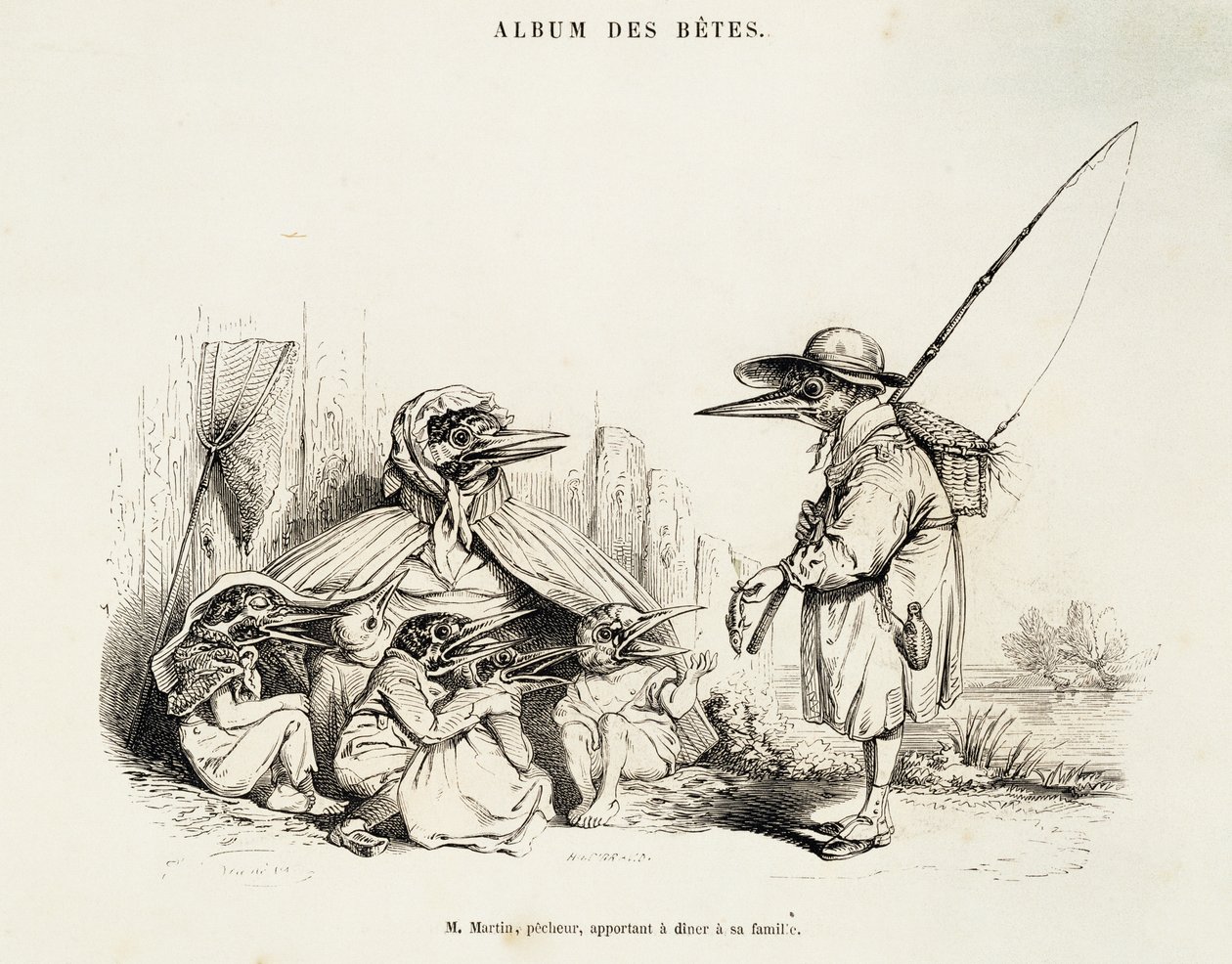Karikatur av fugler fra Album des betes av Jean-Ignace-Isidore Gerard, kjent under pseudonymet Jean-Jacques eller J. J. Grandville (1803-1847), og Wilhelm von Kaulbach (1805-1874), Paris av Grandville